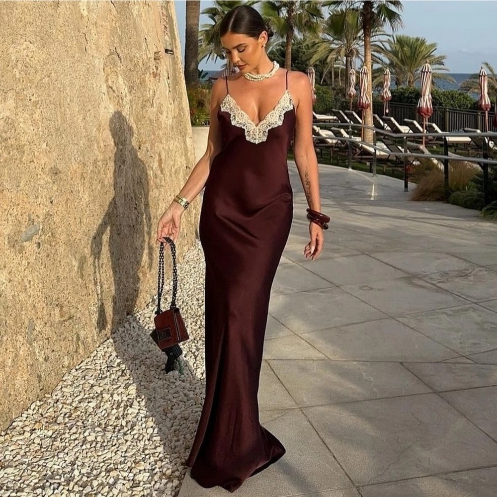 Zara Collection Burgandy Slip Maxi Dress with Lace Trim - Picture 3 of 9